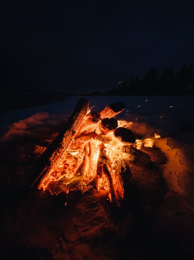 夜间在棕色木头上着火